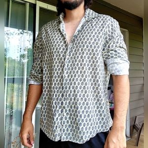 Zara Men Medium Long Sleeve Botom up White and Blue Design Shirt